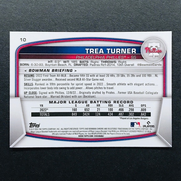 Trea Turner - 2023 Bowman Chrome Mega Box #10 - Picture 2 of 2